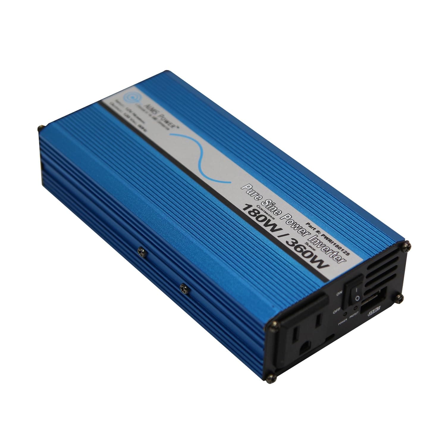 AIMS 180 Watt, 360 Watt Peak, Pure Sine DC to AC Power Inverter, USB Port, Cables Included - Non UL Listed