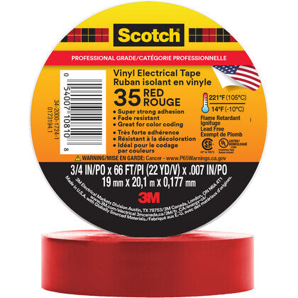 Color Coding Electrical Tape, Vinyl, Red, 3/4" x 66'
