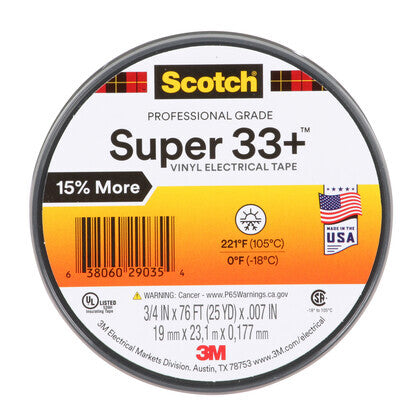 Electrical Tape, Vinyl, Color Coded, 3/4" x 76', Black
